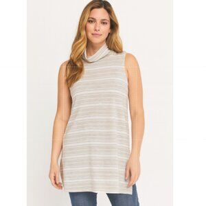 Garnet Hill SZ XL Gray & White Mock-Neck Stiped Tunic Soft Tencel French Terry